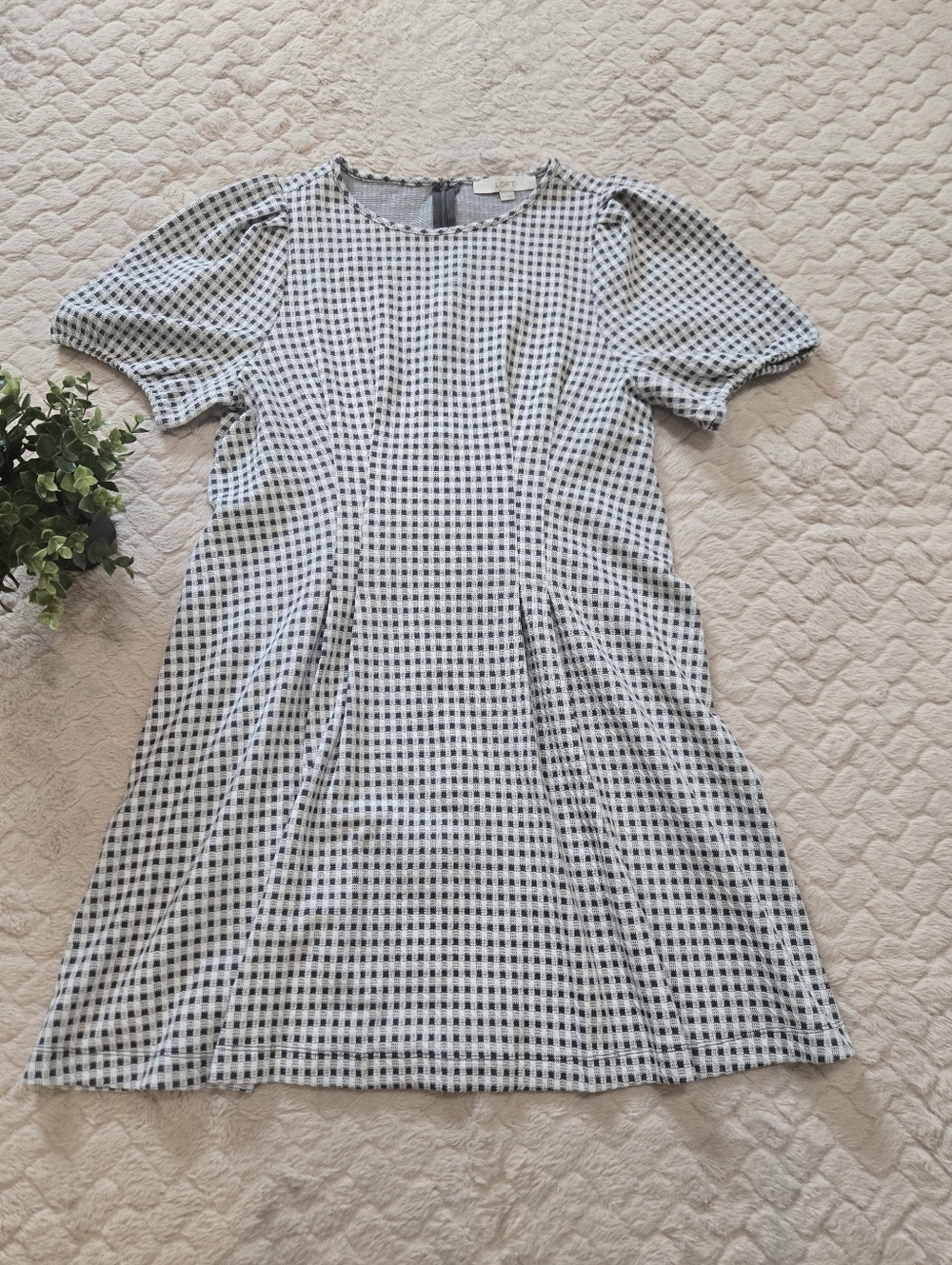 LOFT Gray and White Gingham Puff Sleeve Feminine Office Dress, Size 12